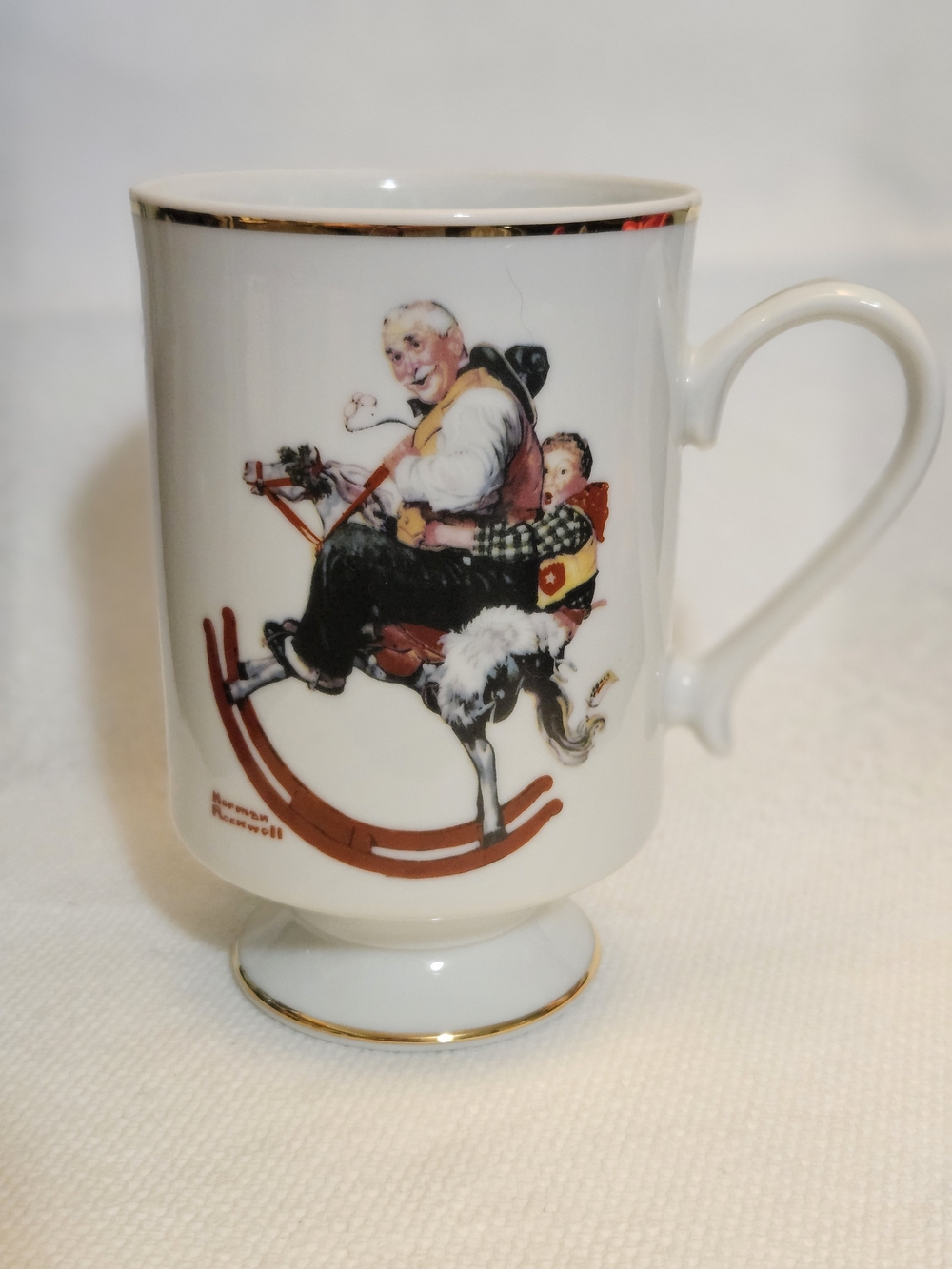 Norman Rockwell White Ceramic Footed Mug with Gold Trim "Grandpa at the Reins"